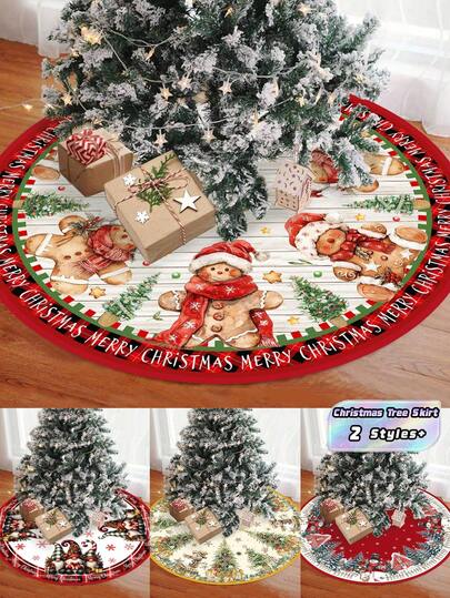 1PC Christmas Tree Skirt Snowman Gingerbread Man Gnome Design Red Plaid Pattern For Holiday Home Decor Winter New Year Party Floor Mat Durable Soft Non Slip Easy Clean Festive Ornament