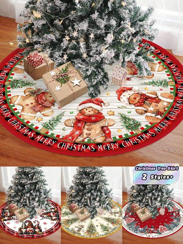1PC Christmas Tree Skirt Snowman Gingerbread Man Gnome Design Red Plaid Pattern For Holiday Home Decor Winter New Year Party Floor Mat Durable Soft Non Slip Easy Clean Festive Ornament