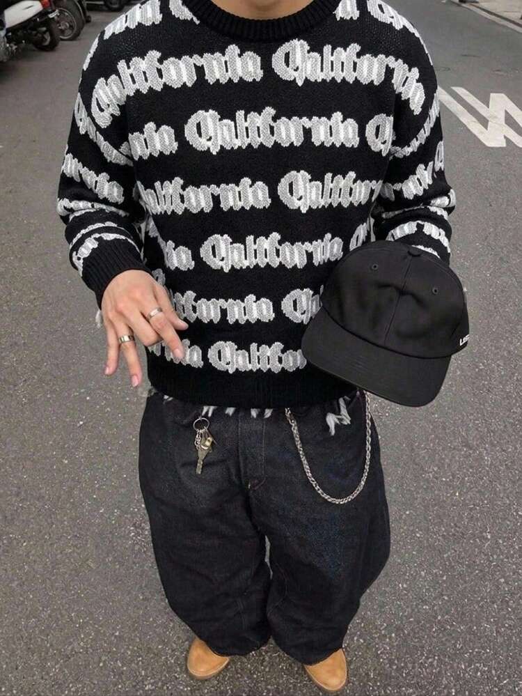 Manfinity ZONE917 Sweater Lengan Panjang Leher Bulat Jacquard Serbaguna untuk Pria, Cocok untuk Pakaian Sehari-hari, Liburan, Musim Dingin, Gaya Jalanan, Kumpul Bersama Teman, Hadiah untuk Pacar, Gaya Y2K - Hitam - View 10