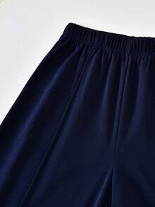 SHEIN 青少年女孩日常通勤溫柔清新優雅春/夏櫻花粉輕量襯衫 + 百搭百搭細肩帶背心 + 純色直筒寬腿褲 3件套 - 藏蓝色 - 查看 8