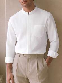 Core Aspect Men Old Money Clean Fit Mandarin Collar Shirt, Minimalist Hidden Placket Chest Pocket - White - View 4