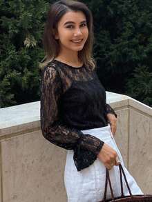 FRIFUL Women's Apricot Loose Sheer Lace Camisole With Flare Sleeves, Spring/Summer Going Out Tops Long Sleeve Tops - Black - View 5