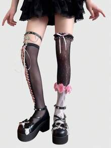 ROMWE Anime 5Pcs Black Y2K Cross Millennium Spice Girls Lace Splicing One-Piece Socks Calf Socks Combination, Suitable For College, Shopping, Music Festival - Black and pink rose - View 3