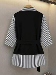 GlowEve CURVE Plus Size Women's Striped 2 In 1 Patchwork Casual Versatile Daily Outing Shirt Fall - Black and White - View 2