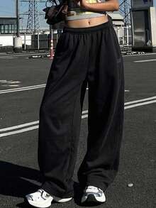 DAZY Women's Casual Wide Leg Sweatpants, American Style - Black - View 2