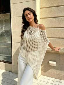 SHEIN Holidaya Solid Color Asymmetric Hem Hollow See-Through Pullover Sweater - Apricot - View 5
