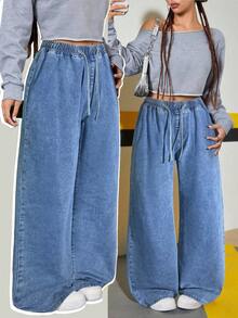 Teens Girls Elastic Waist Drawstring Loose Straight Leg Jeans - Medium Wash - View 4