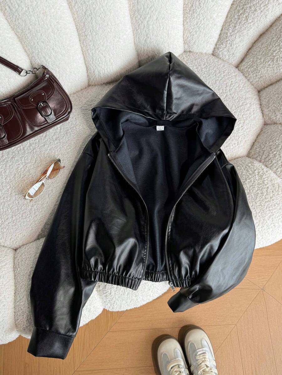SHEIN 青少年女孩純色PU皮革拉鍊時尚百搭長袖夾克 - 黑色 - 查看 1