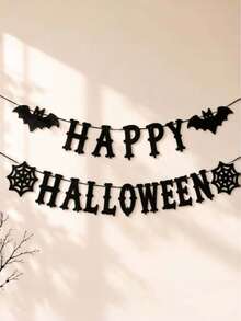 萬聖節場景佈置橫幅：Happy Halloween、黑色蝙蝠、蜘蛛網、派對裝飾用品 - 查看 3