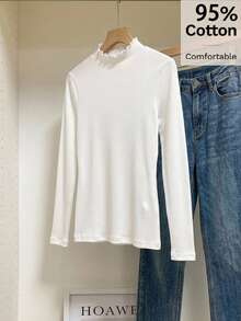 SHEIN Frenchy 女款 95% 棉 2x2 羅紋白色修身長袖 T 恤；秋冬；時尚；辦公室；度假 - 彩色 - 查看 7