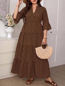 SHEIN LUNE Plus Size Women V-Neck Allover Print Ruched Casual Party Dress Fall - Brown - View 5