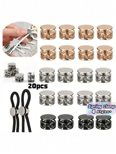 20-Piece No-Tie Shoelace Fasteners | Aluminum Alloy Spring Clips – Easy To Install, Cylindrical Dual-Hole Design; Metal Spring Cord Locks Suitable For Athletic And Casual Footwear