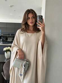 Yasmyna Beige Batwing Sleeve Abaya, Loose Draped Muslim Dress Formal Christening Guest Winter Modest Casual - Beige - View 4