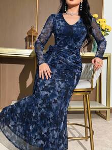 Feyla Plus Size Women's Butterfly Print V-Neck Long Sleeve 3D Floral Decor Elegant Dress - Multicolor - View 4