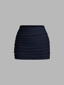 SHEIN Unity 杏色條紋紋理泡泡褶皺打結布料V領露背掛脖繫帶不對稱下擺背心上衣與低腰直筒修身迷你裙2件套，性感度假海灘優雅可愛休閒居家日常女款夏季 - 藏蓝色 - 查看 3