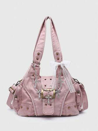 Goth Borsa a spalla da donna vintage con effetto consumato, sfumatura ombré, ciondoli a croce e cuore, decorazione con fiocco e nastro, grande capacità, borsa multifunzionale