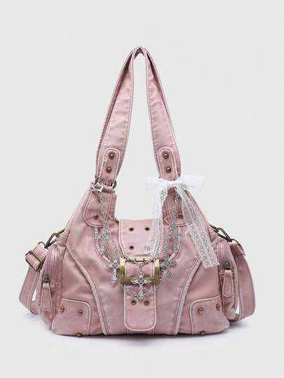Goth Borsa a spalla da donna vintage con effetto consumato, sfumatura ombré, ciondoli a croce e cuore, decorazione con fiocco e nastro, grande capacità, borsa multifunzionale