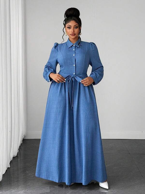 Maweii Plus Size French Vintage Denim Dress, Collared Long Sleeve Tie Waist Flattering Long Shirt Dress, Suitable For Mature Women's Outings, Afternoon Tea, Daily Wear, Solid Color Denim With High-End Texture, Shirt Placket Design For Commuting And Casual Wear, High Waist Full Skirt Fit For All Body Types, Simple And Timeless For A Relaxed Vintage Look