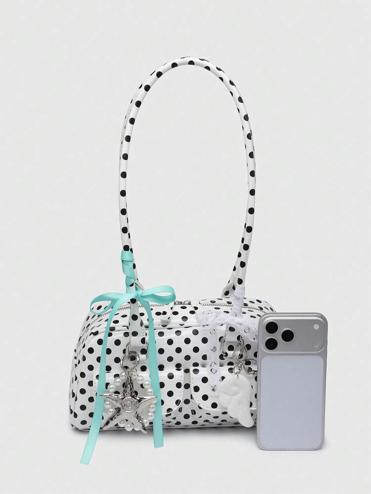ROMWE Kawaii Ladies' Vintage Bow Tie Decor Heart Shoulder Underarm Bag With Multi Pockets Boston Handbag, School - Polka dot blue and white - View 3
