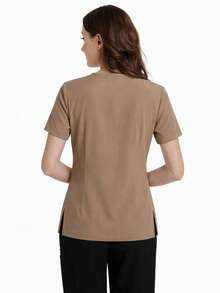 TaskEZ Earth Tone Short Sleeve Sweetheart Neck Zipper Multi-Pocket Convenient Comfortable Scrub Uniform Top - Camel - View 3