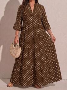 SHEIN LUNE Plus Size Women V-Neck Allover Print Ruched Casual Party Dress Fall - Brown - View 2