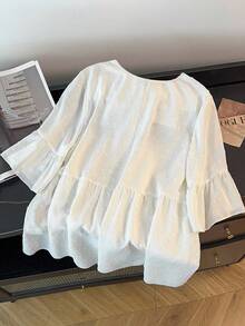 GlowEve CURVE Plus Size Women Solid Color Round Neck Flare Sleeve Ruffle Hem Loose Blouse - White - View 2