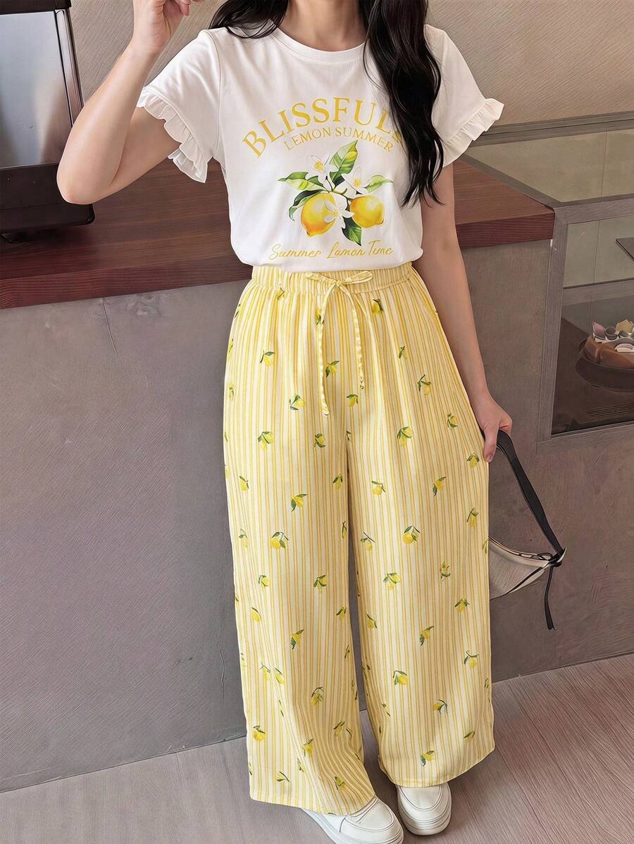 SHEIN Tween女孩編織圖案印花荷葉袖T恤與碎花長褲休閒套裝 - 白色 - 查看 1
