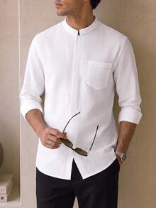 Core Aspect Men Old Money Clean Fit Mandarin Collar Shirt, Minimalist Hidden Placket Chest Pocket - White - View 5