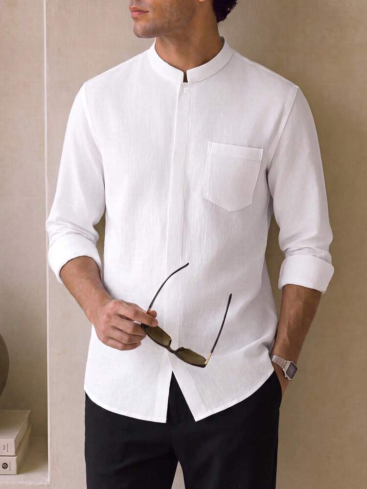 Core Aspect Men Old Money Clean Fit Mandarin Collar Shirt, Minimalist Hidden Placket Chest Pocket - White - View 5