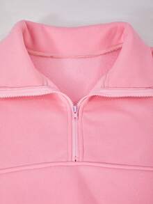 SHEIN 青少年女孩淺粉色抓絨內裡半拉鍊前開襟休閒寬鬆衛衣 - 粉色 - 查看 3