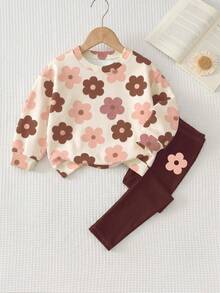 Kids Young Girl Casual Crew Neck Long Sleeve Sweatshirt & Leggings 2 Pieces Set, Suitable For Autumn/Winter Pull - Multicolor - View 3