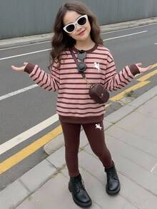 女童休閒圓領長袖運動衫與緊身褲2件套，適合秋冬返校穿著 - 彩色 - 查看 5