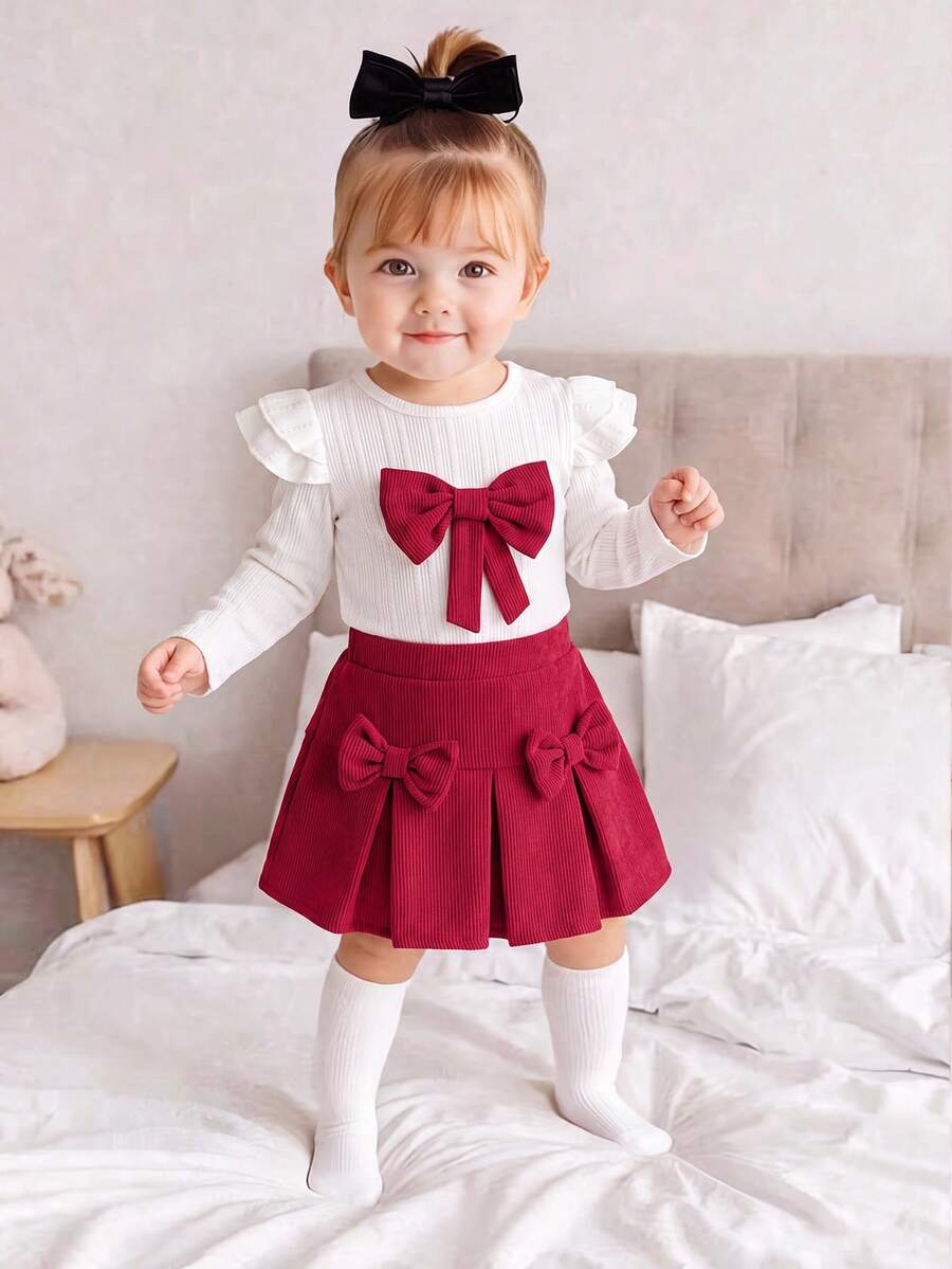 SHEIN Playful Pals 2 件套女婴白色纹理针织长袖上衣和红色灯芯绒裙子套装,适合幼儿的可爱甜美服装 - 紅色 - 查看 1