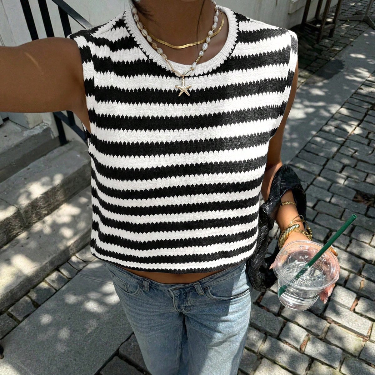 Casual Minimalist Black & White Asymmetric Striped Sleeveless Tank Top, Versatile Streetwear Style, Summer Top