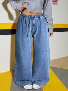 Teens Girls Elastic Waist Drawstring Loose Straight Leg Jeans - Medium Wash - View 5