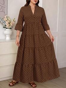SHEIN LUNE Plus Size Women V-Neck Allover Print Ruched Casual Party Dress Fall - Brown - View 4