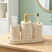 Modern Rustic Acrylic Bathroom Accessory Set, Includes Toothbrush Holder, Soap Dispenser, Tray, Cup, And Cotton Swab Container - Diamond-patterned Suit - View 3