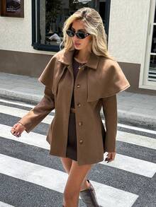 Serisse Overcoat Wanita Warna Polos Kerah Lapel Kasual Harian Musim Gugur Gaya Dark Academia Campuran Wol Slim Fit Capelet - Coklat - View 7