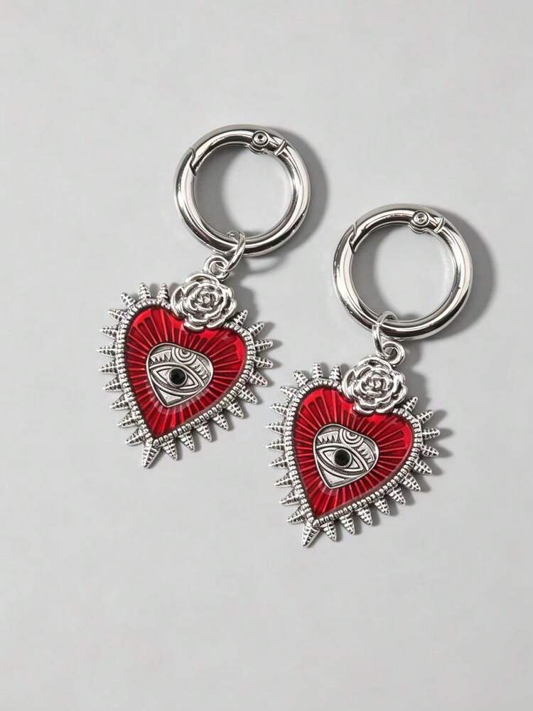 ROMWE 2pcs/Set Vintage Gothic Evil Eye & Heart Shaped Pendant, Shoes/Boots/Bag Decoration Accessories, Halloween - Red - View 2