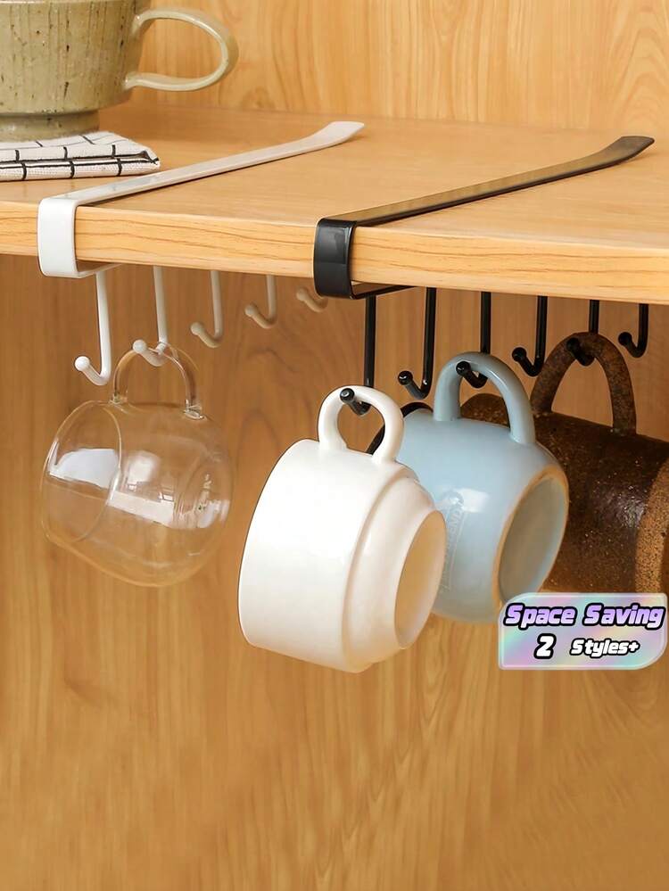 1/2PCS Multi Hook Storage Rack No Drill Cup Holder 6 Hooks Per Rack Space Saving Kitchen Cabinet Organizer Sponge Holder Closet Shelf Home Decor Apartment Accessory - multicolor - View 1