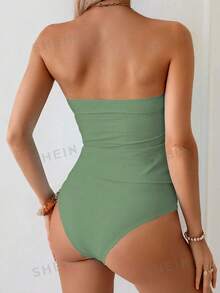 Breezaya Fashion Solid Color Mature Lace Trim Ruched Spaghetti Strap Women's Summer Tank Top & Bikini 2-Piece Set - Green - View 2