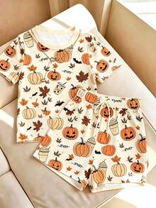 Resyla Women's Halloween All-Over Print Short Sleeve Top And Shorts Casual Everyday 2 Pieces Set - Multicolor - View 3