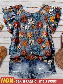 EMERY ROSE Plus Size Women's Blue Summer Boho Vacation Holiday Style Floral Pattern Round Neck Double Layer Flutter Sleeve Loose Chic Blouses Shirt - Blue - View 1