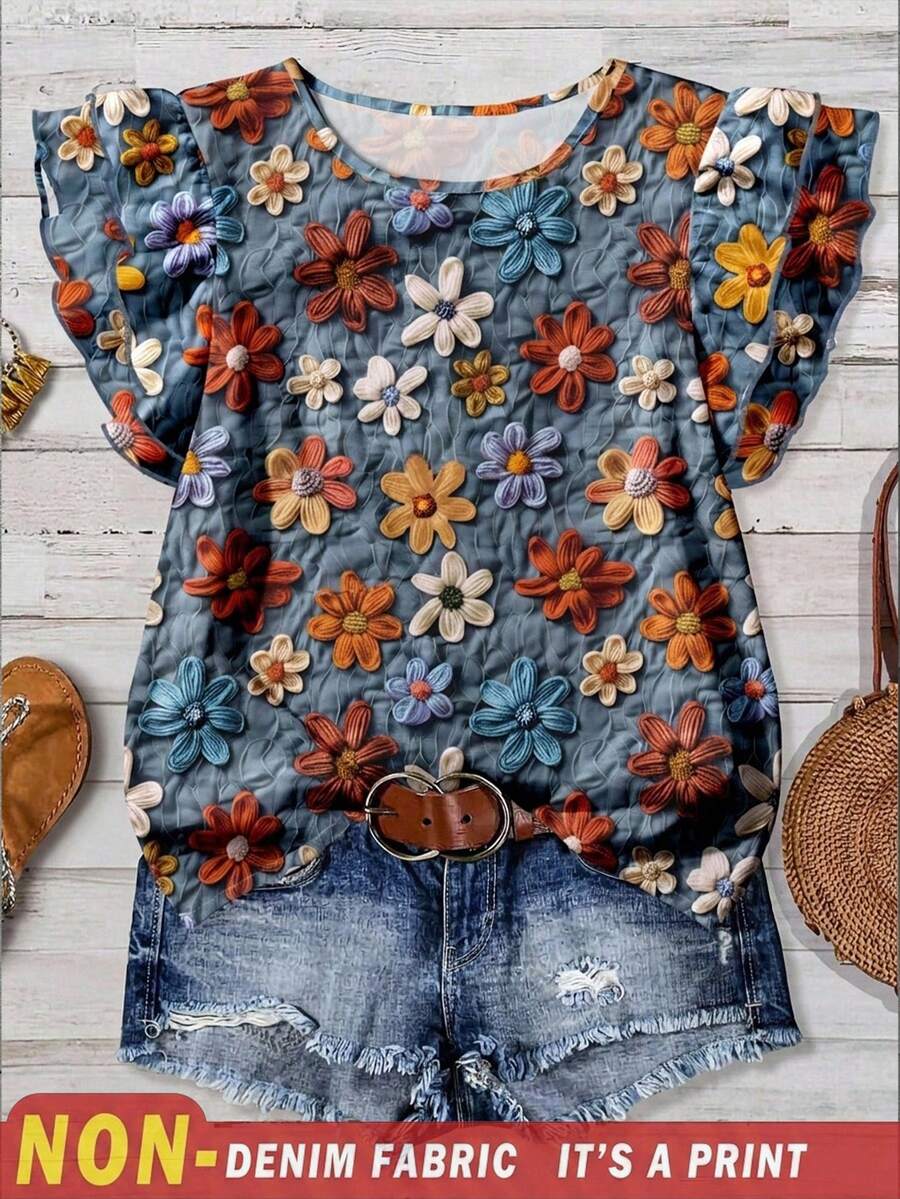 EMERY ROSE Plus Size Women's Blue Summer Boho Vacation Holiday Style Floral Pattern Round Neck Double Layer Flutter Sleeve Loose Chic Blouses Shirt - Blue - View 1