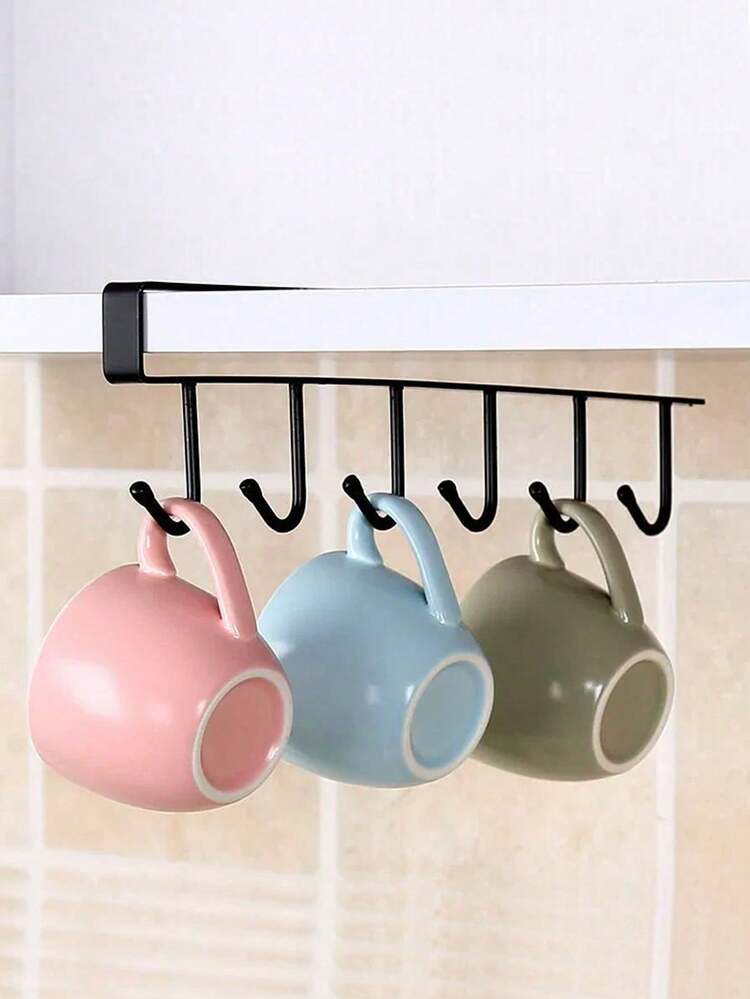 1/2PCS Multi Hook Storage Rack No Drill Cup Holder 6 Hooks Per Rack Space Saving Kitchen Cabinet Organizer Sponge Holder Closet Shelf Home Decor Apartment Accessory - multicolor - View 4