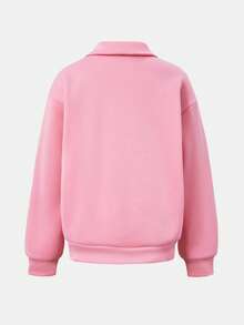 SHEIN 青少年女孩淺粉色抓絨內裡半拉鍊前開襟休閒寬鬆衛衣 - 粉色 - 查看 2