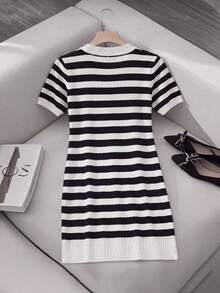 GlowEve CURVE Knitted Short Sleeve Allover Black And White Contrast Color Casual Business Casual Traditional Elegant Dress Office Party Formal Autumn Fall - Black and White - View 2
