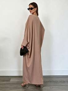 Al Najma Solid Simple Batwing Sleeve Abaya, Loose Oversized Maxi Kaftan Dress, Casual Modest Islamic Women Long Robe For Daily Wear - Khaki - View 2
