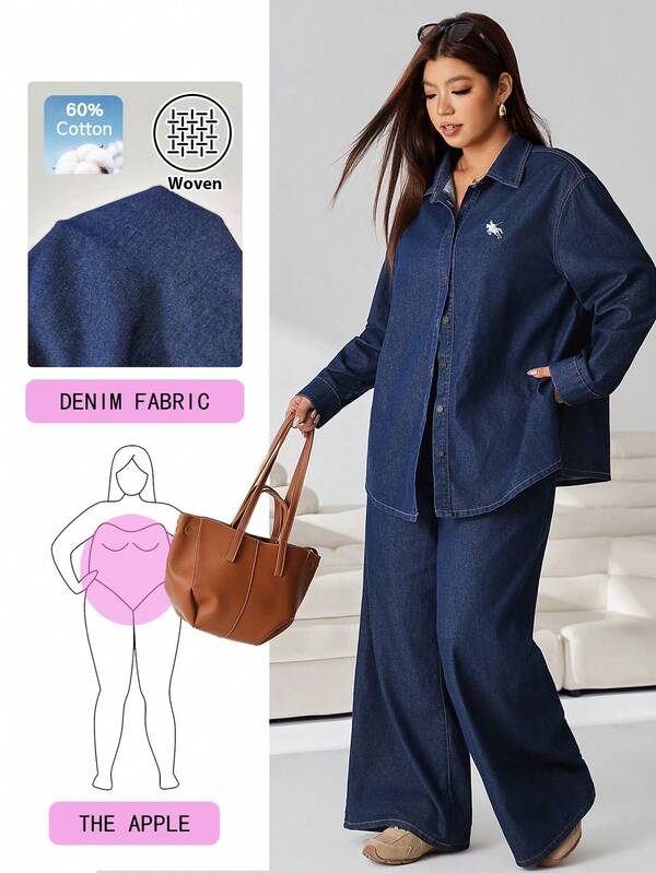 Solflare Plus Size Women's Knight Graphic Long Sleeve Top And Pants Casual Smart Daily Denim Two Pieces Set Date Night Vacation Navy Blue Autumn
