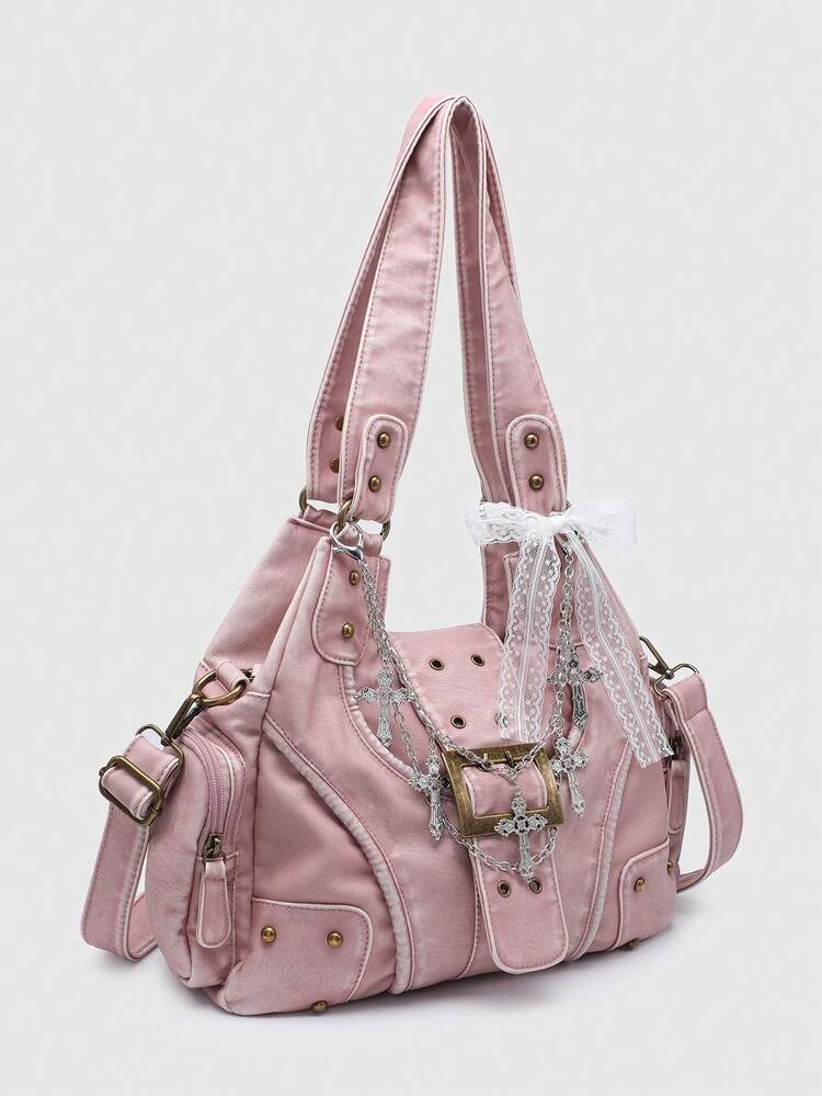 ROMWE Goth Women's Vintage Distressed Ombre Cross & Heart Charm Ribbon Tie Bow Decor Shoulder Tote Bag, Large Capacity Multifunctional Handbag - Washing powder - View 3